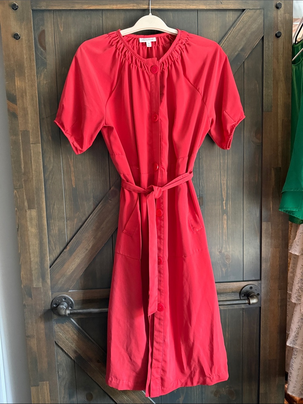 Prologue Red Button-Front Belted Midi Dress
